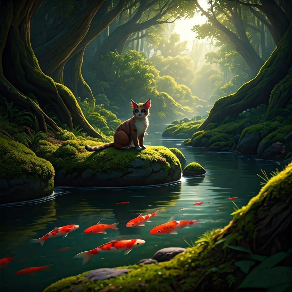Ginger Cat Watching Koi in Crystal Stream
