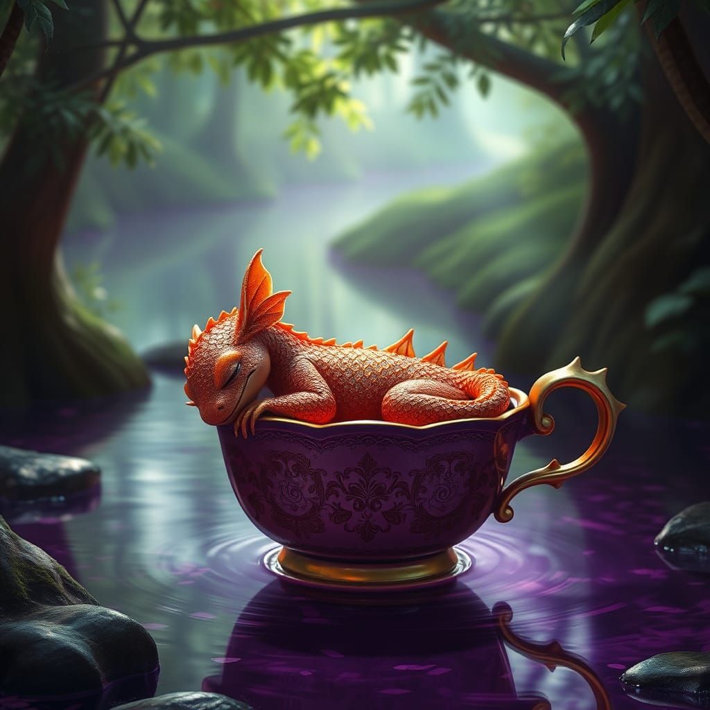 Baby Dragon in Teacup on Purple Stream
