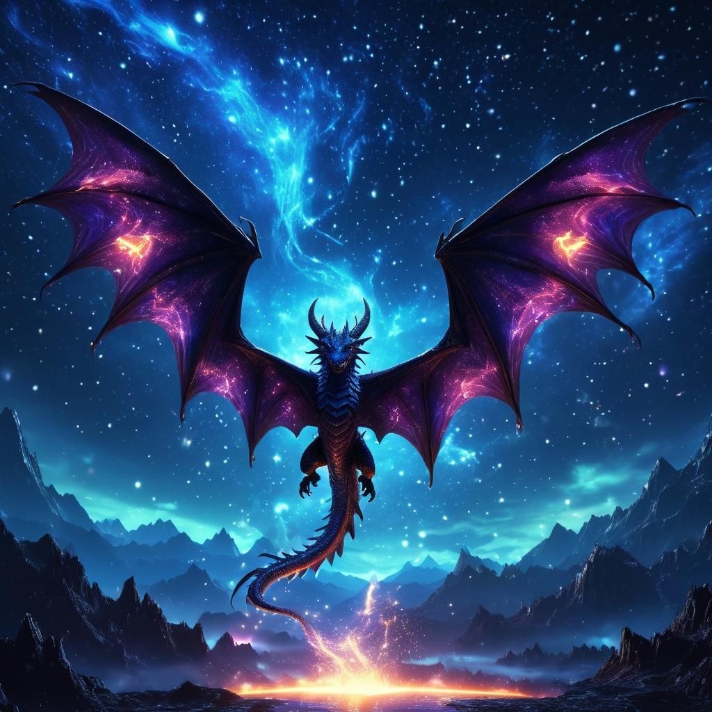 Demon with Dragon Tail in Starry Night Sky