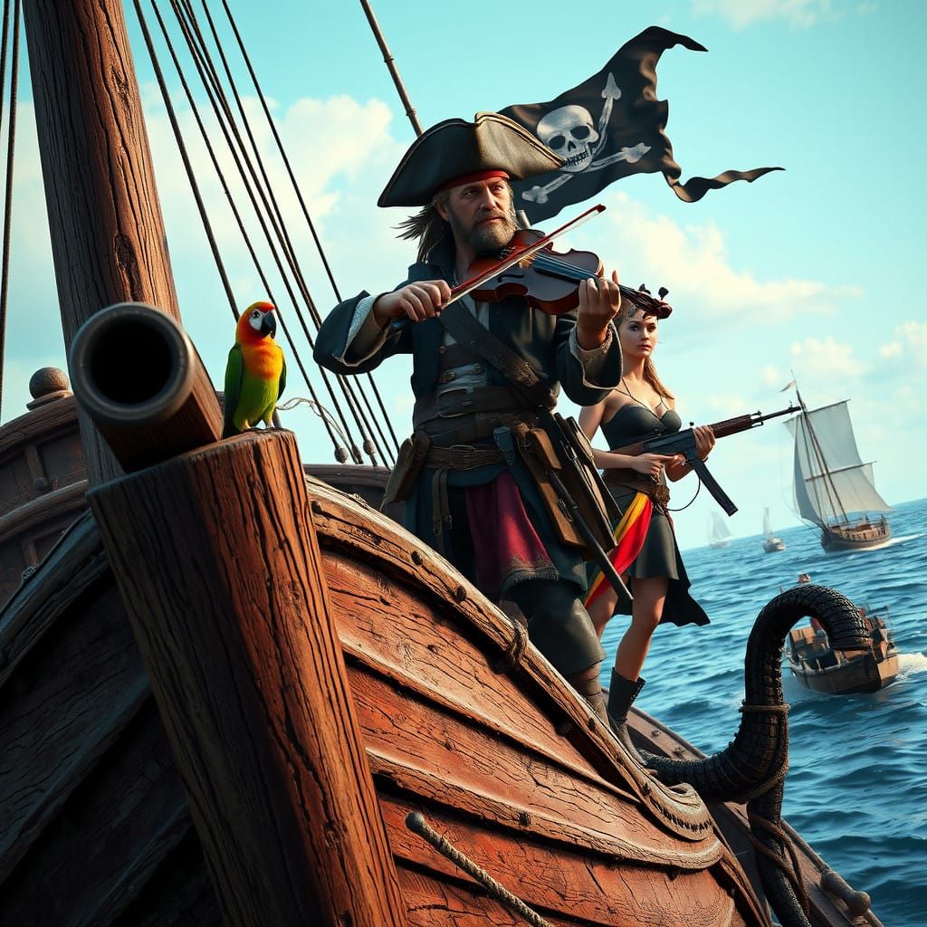 Pirate Masterfully Plays Violin at the Bow of His Weathered...