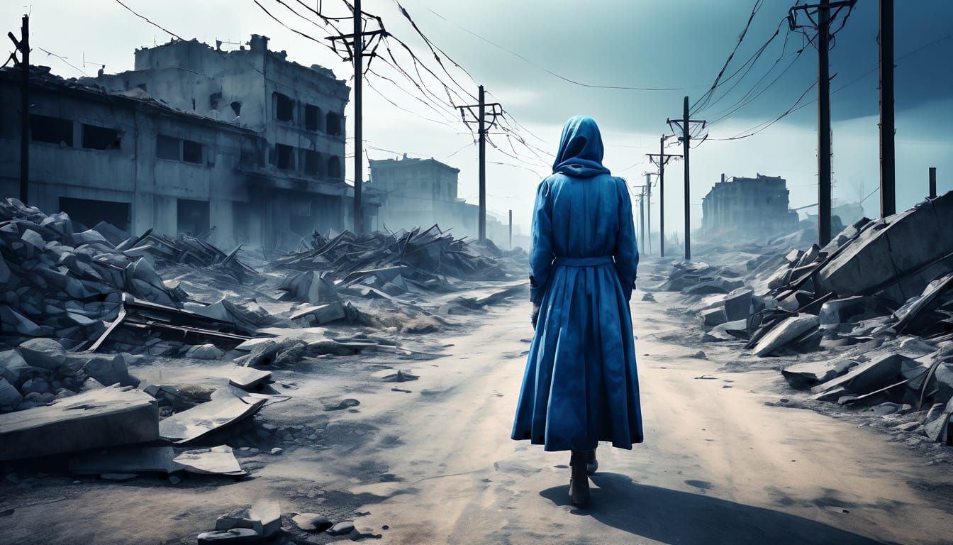 Moody Blue Watercolour of Dystopian Wires and Ruins