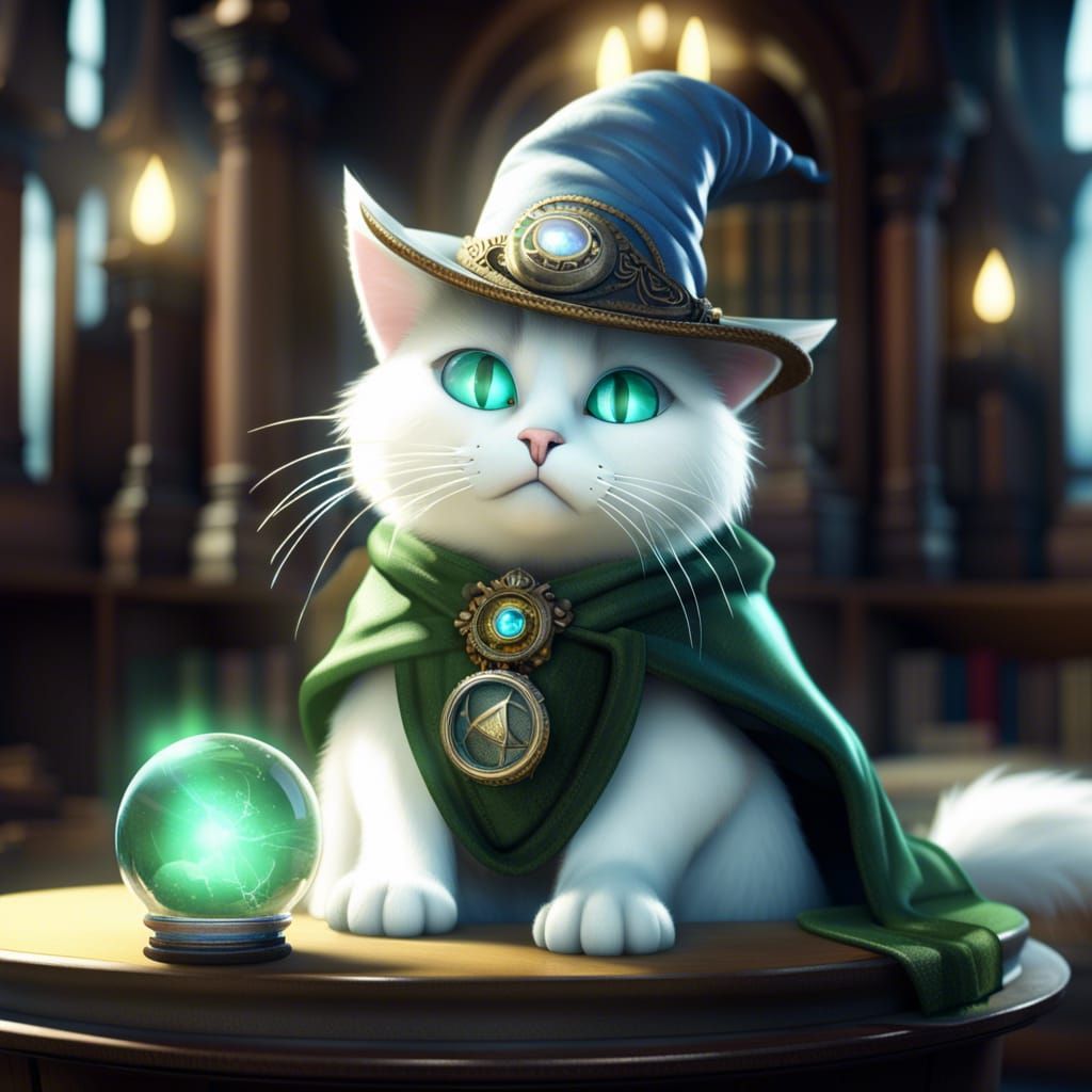 Steampunk Cat Wizard Gazing into Crystal Ball