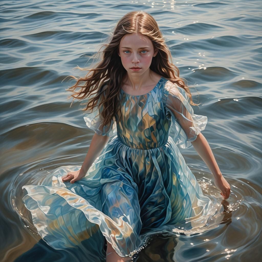 Girl Walking on Water: Surrealist Oil Painting