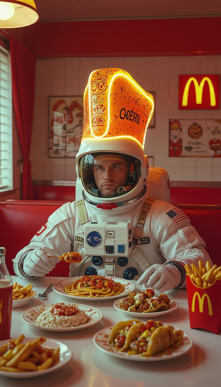 Astronaut Diner Feast in Retro-Futuristic Style