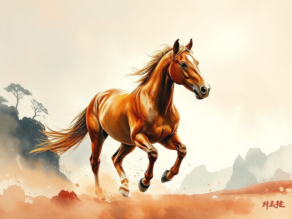 Ethereal Horse in Chinese Landscape with Copper and Gold Acc...