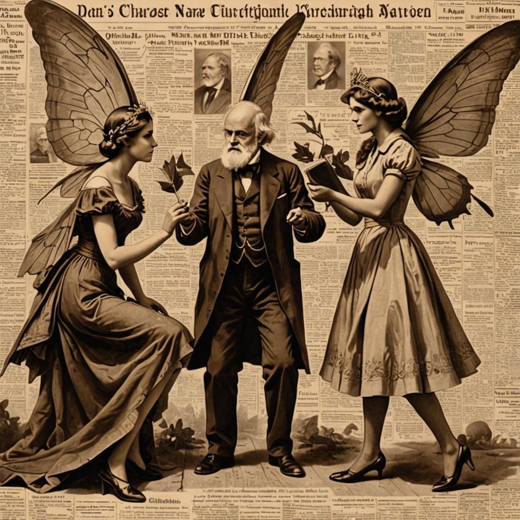 Darwin Debates Fairy in Vintage Newspaper Style