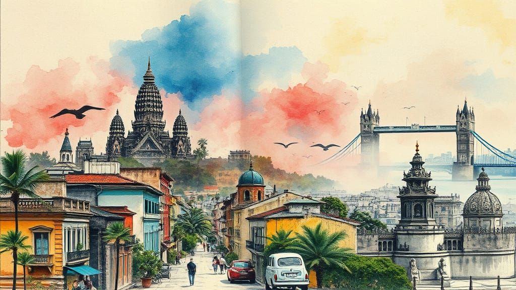 A Dreamlike Surrealist Cityscape, Blending Ancient and Moder...