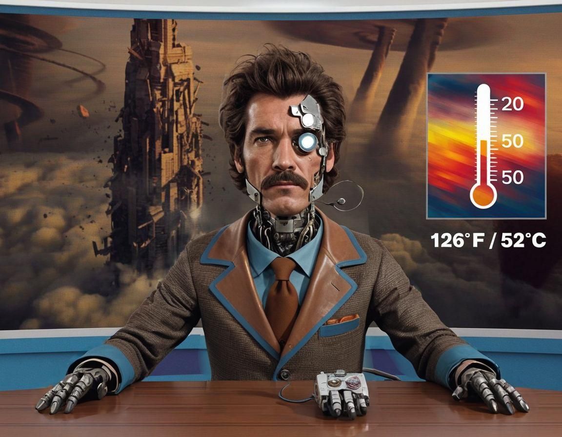 Cyborg Weather Forecaster in Retro Sci-Fi Style