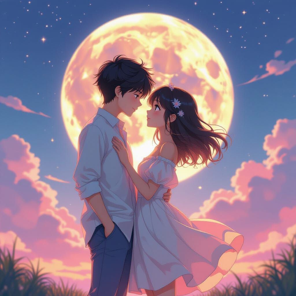 Rainbow Couple Kissing Under Lunar Sky: Anime Style