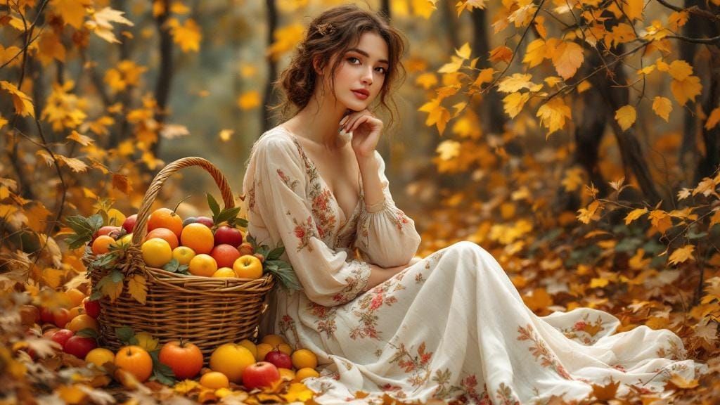 Woman in Autumn Forest, Whimsical Art Style