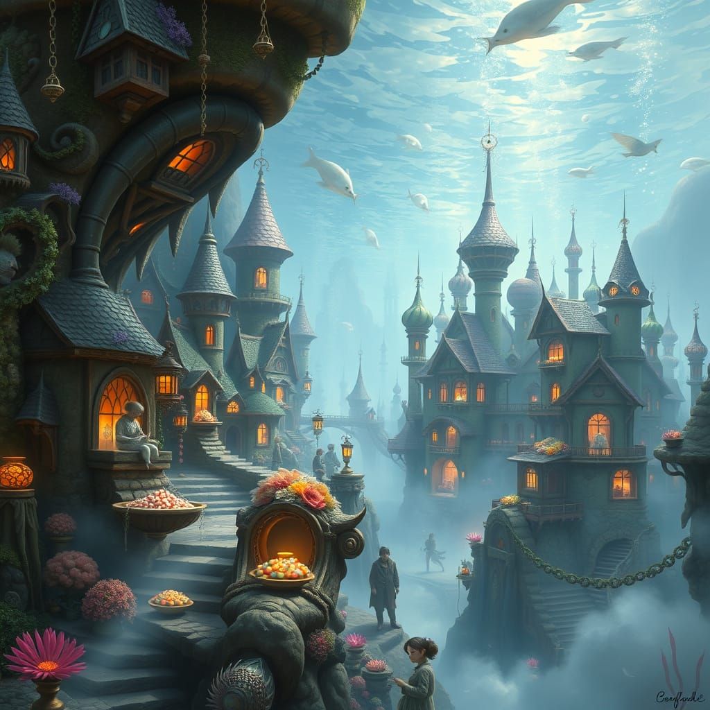 Ethereal Underwater City of Fish People Crafting Jewelry