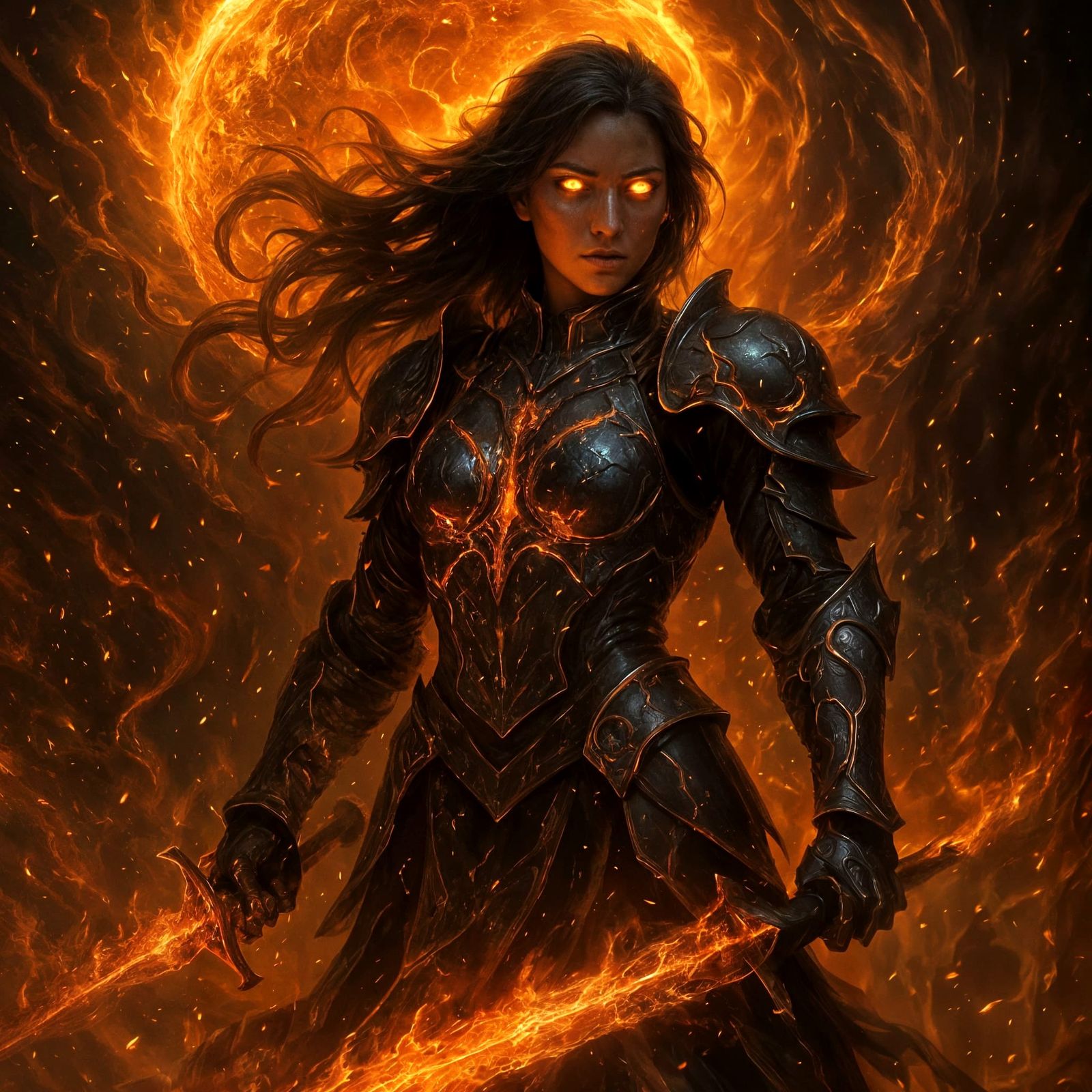Female Warrior with Fiery Sword and Glowing Eyes