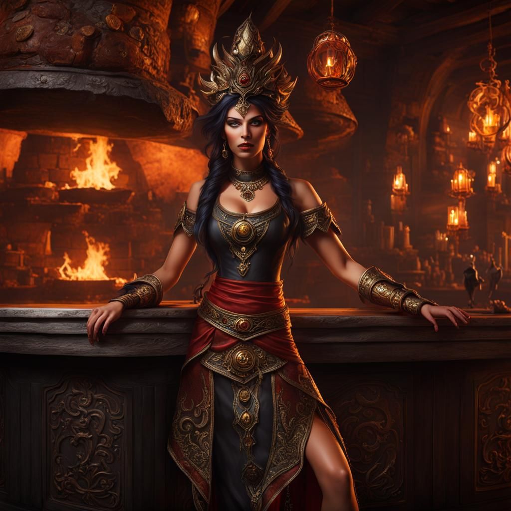 Enigmatic Demoness Tavern Owner with Fiery Gaze