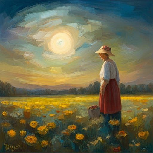 Dreamlike Countryside: Old Woman Under Floral Moon