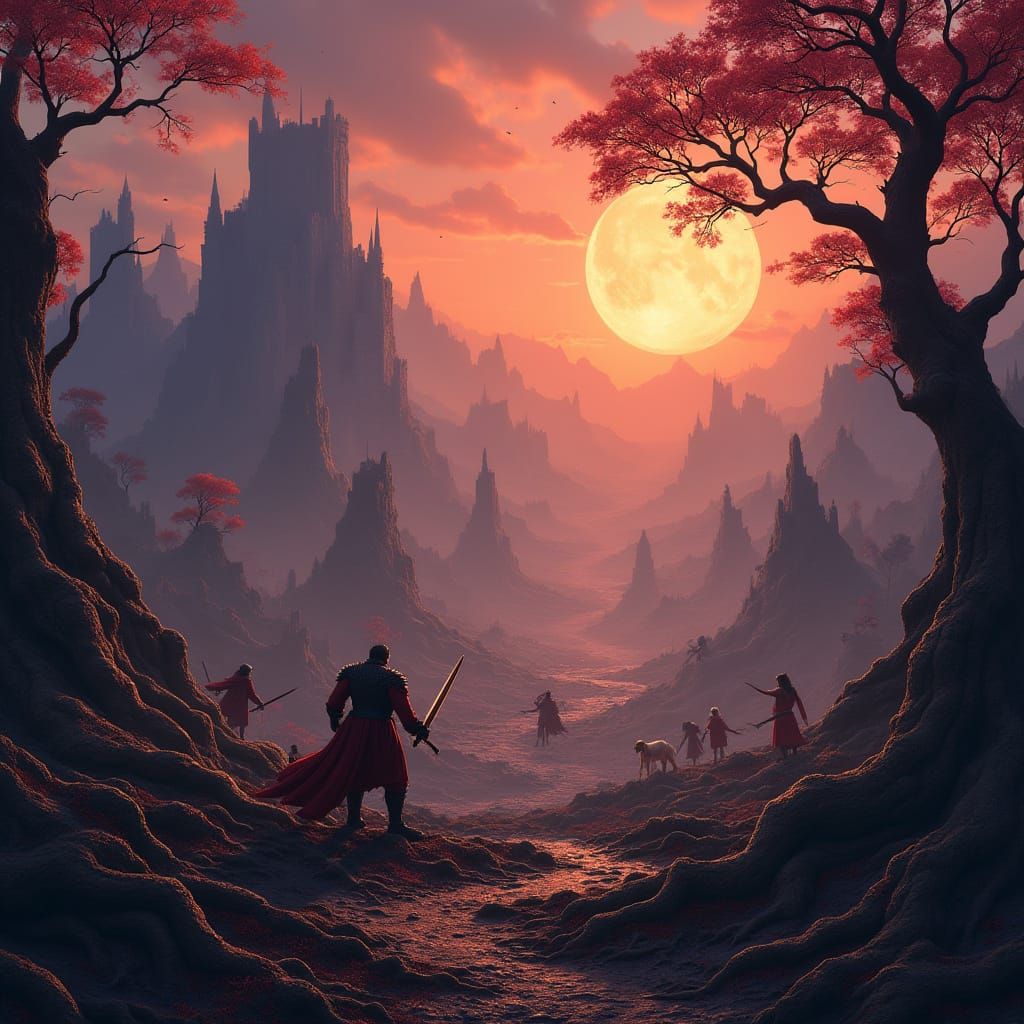 Fantasy Battlefield at Dusk with Clashing Swords