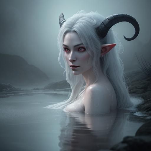 Ethereal Tiefling Girl in Bath, Digital Matte Painting