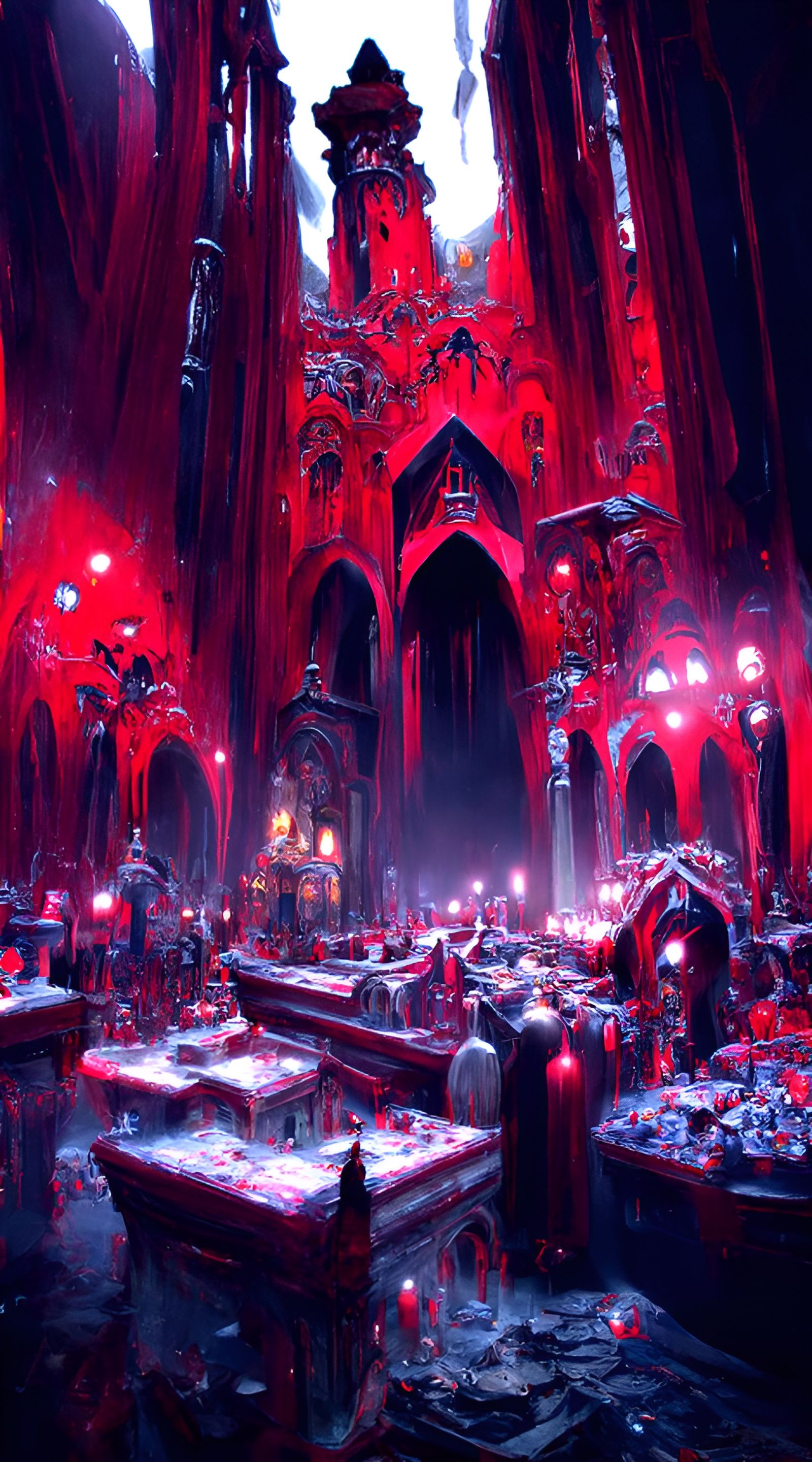 Eerie Cathedral at Night with Glowing Liquid