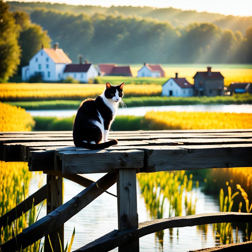 Cat on Bridge in Whimsical Landscape Photography