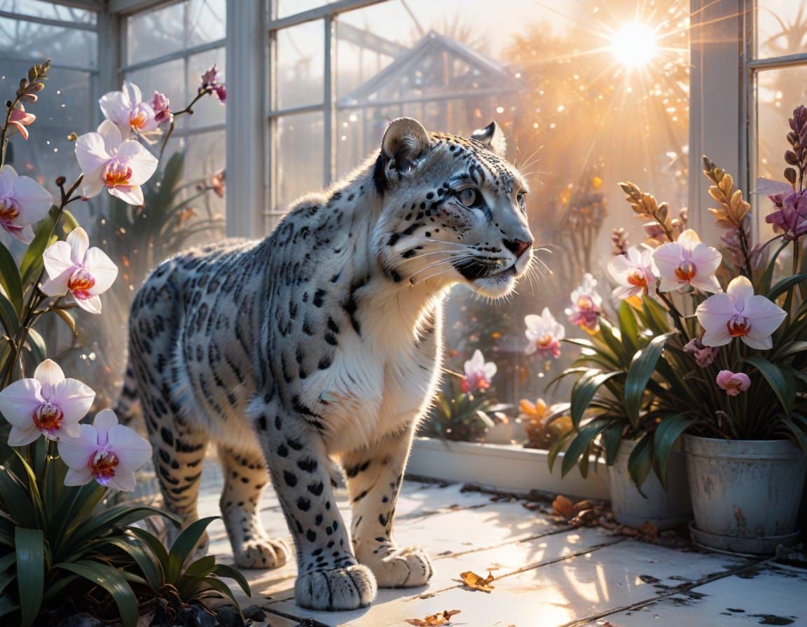 Snow Leopard in Winter Greenhouse, Watercolor Style