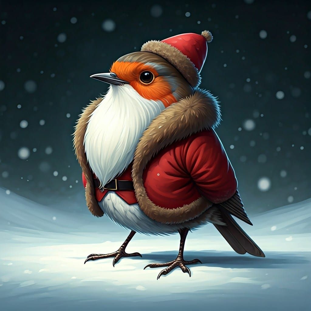 Whimsical Robin Father Christmas in Snowy Winter Wonderland