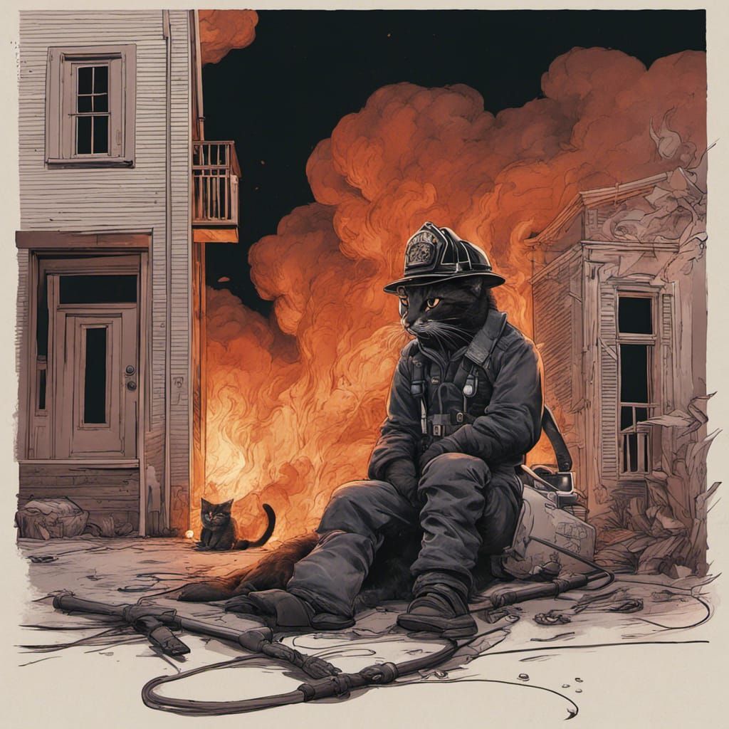 A tired firefighter sits with a kitten.