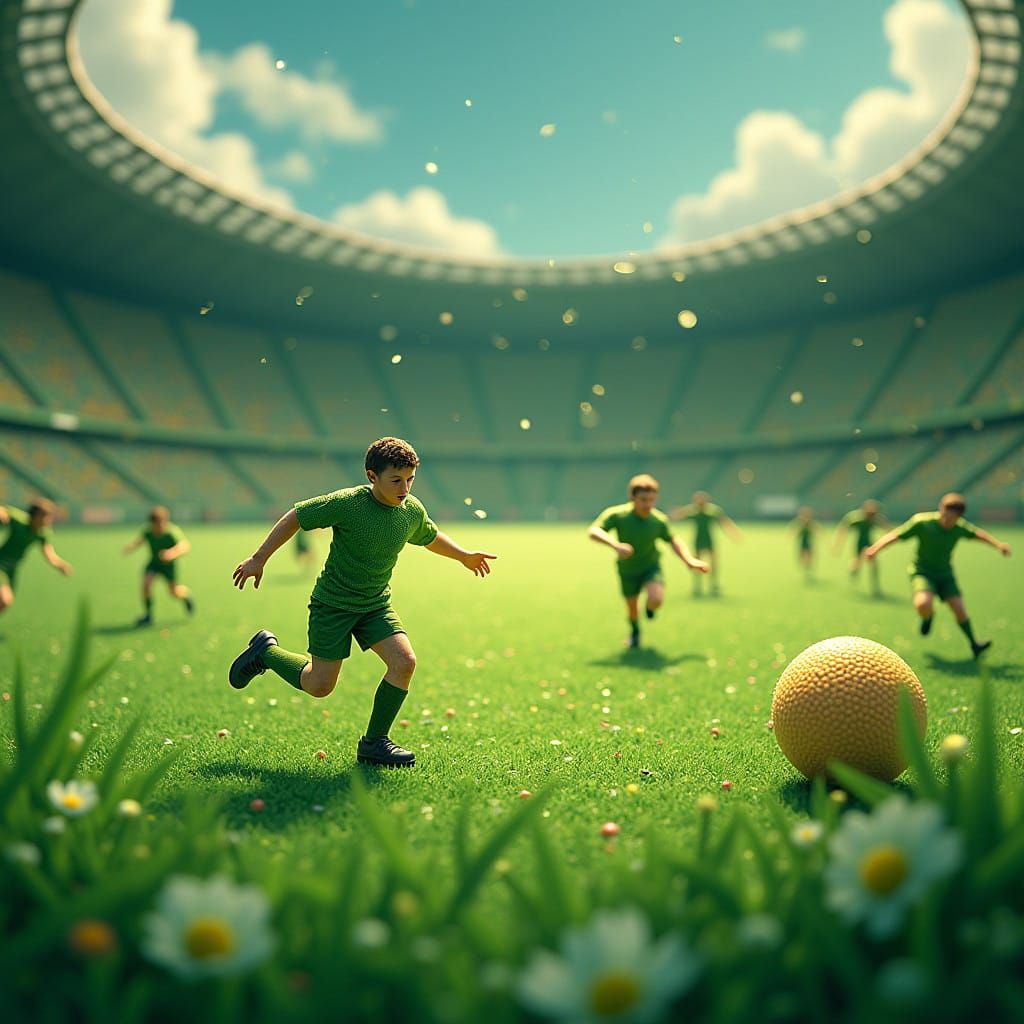 Green Football Champions in a Whimsical Microscopic Stadium