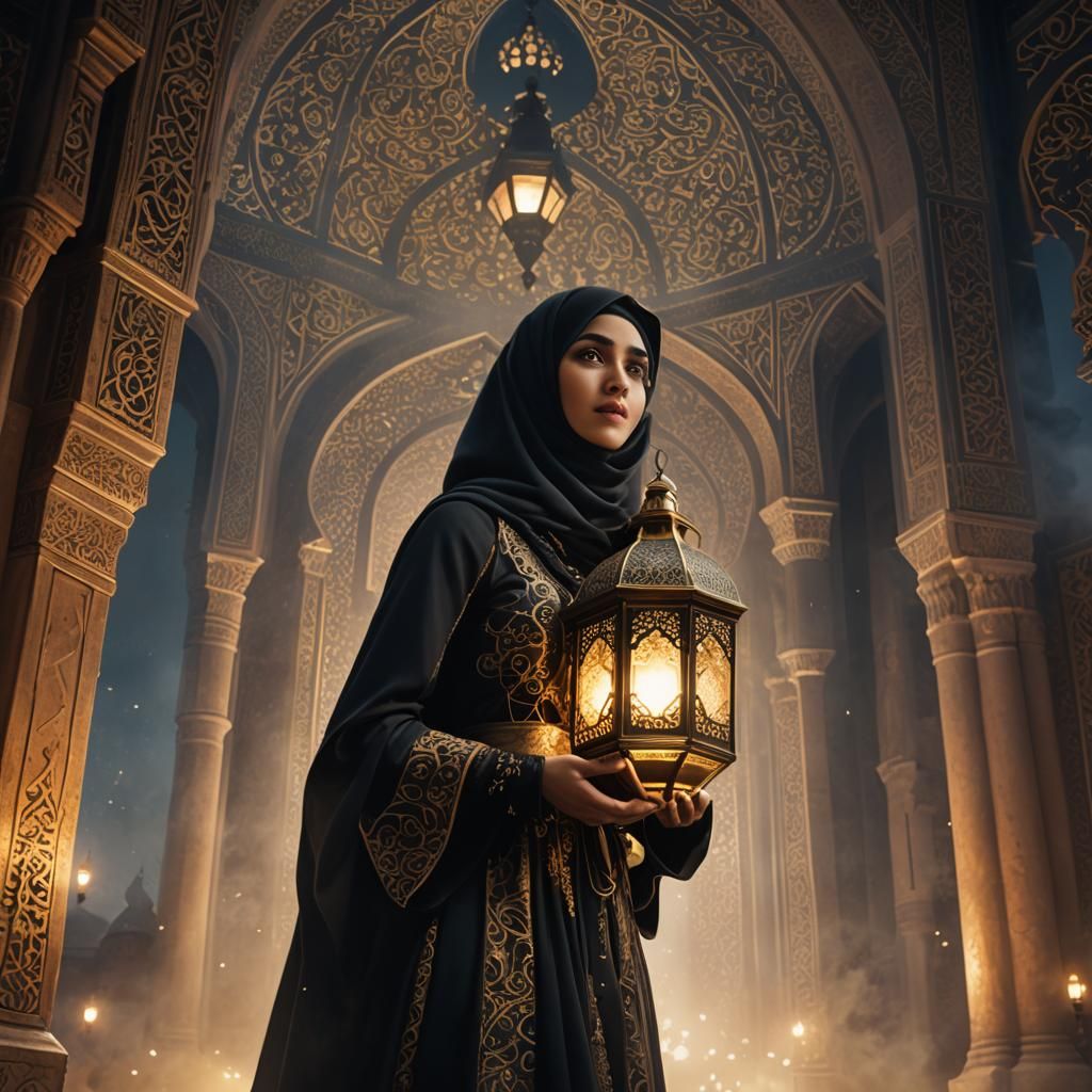 Muslim Woman with Lantern in Fantasy Setting