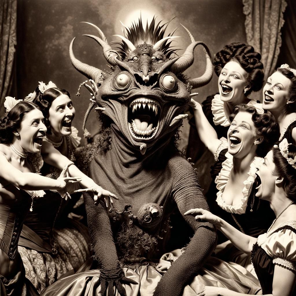 Nightmarish Daemon Poses with Laughing Ladies