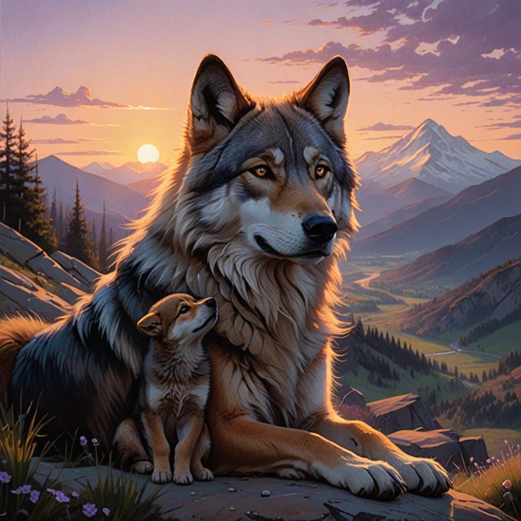 Lone Wolf and Pup at Sunset