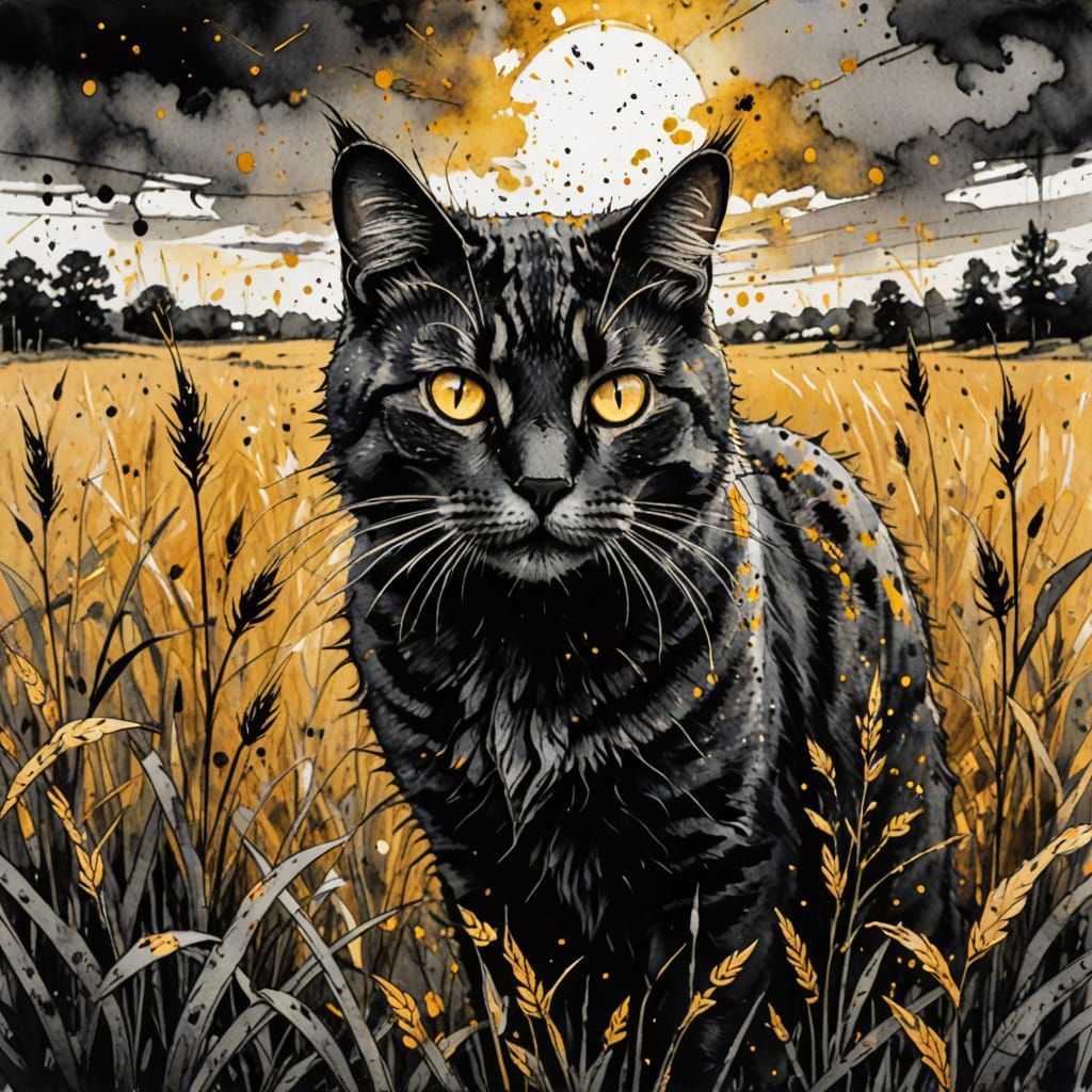 Expressive Ink Cat in Field with Watercolor Splatters