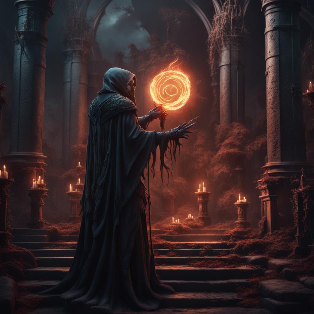 Necromancer Casting Dark Spell in Detailed Matte Painting