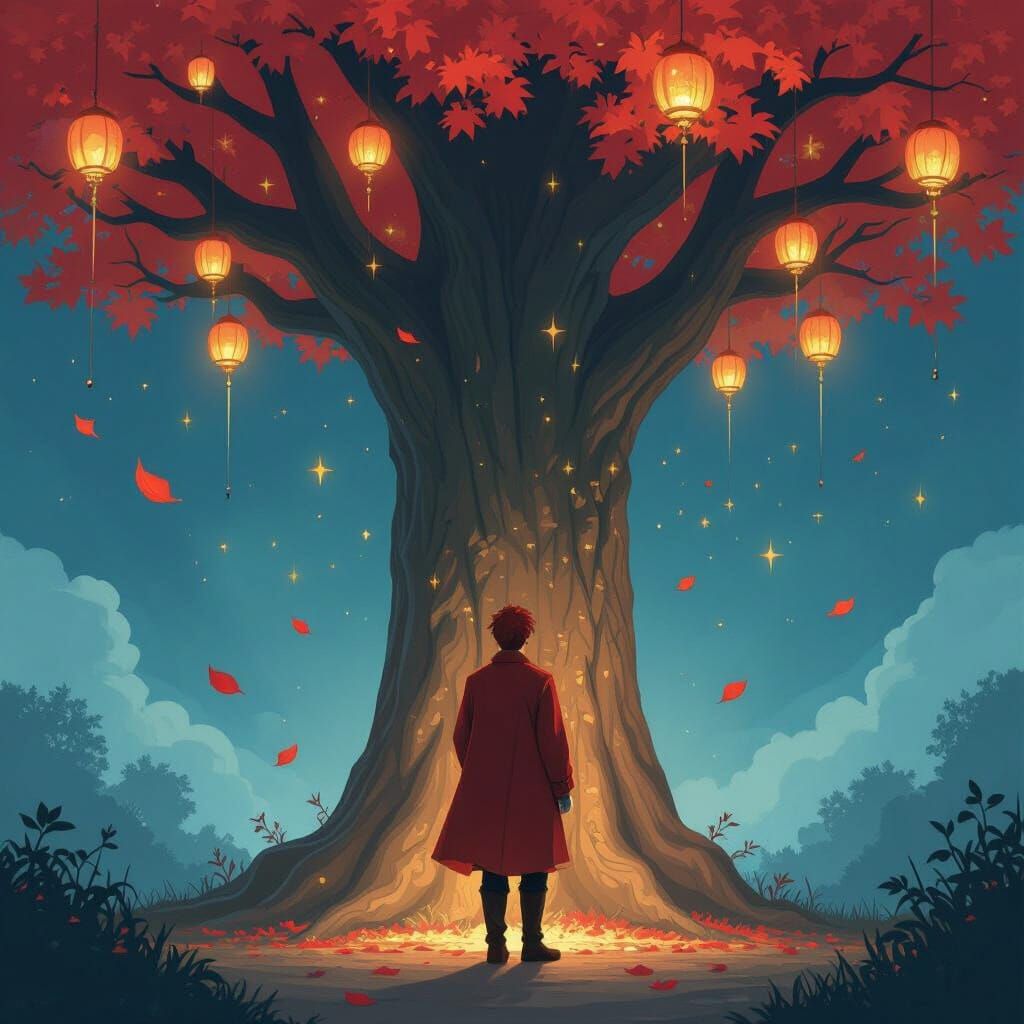 Pensive Redhead Under a Giant White Tree