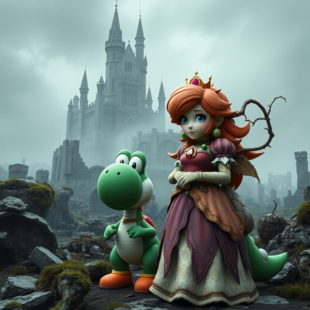 Dark Fantasy Princess Peach and Yoshi in Ruins
