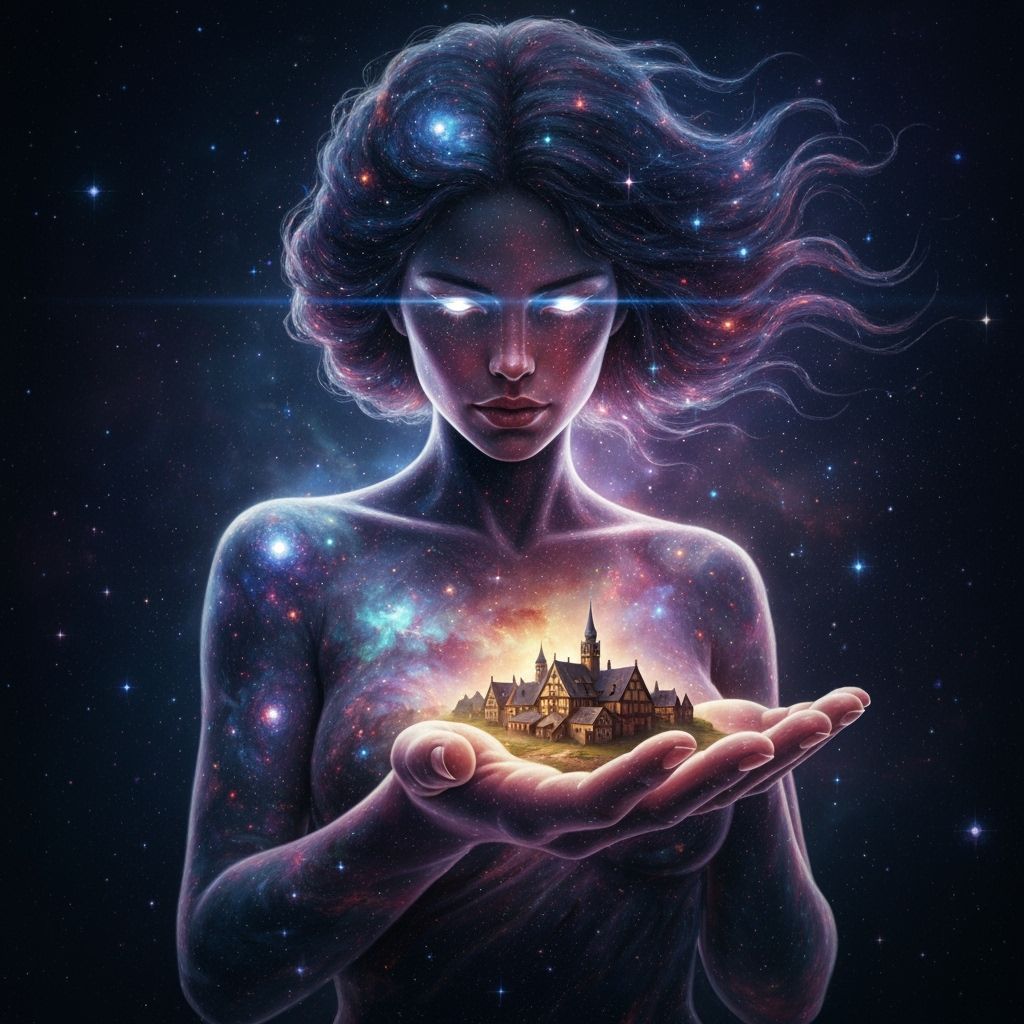Cosmic Goddess Overlooking Medieval Village