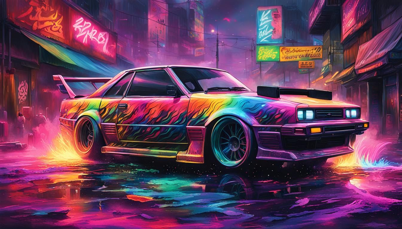 JDM Drifting Car with Rainbow Flames in Cyberpunk City