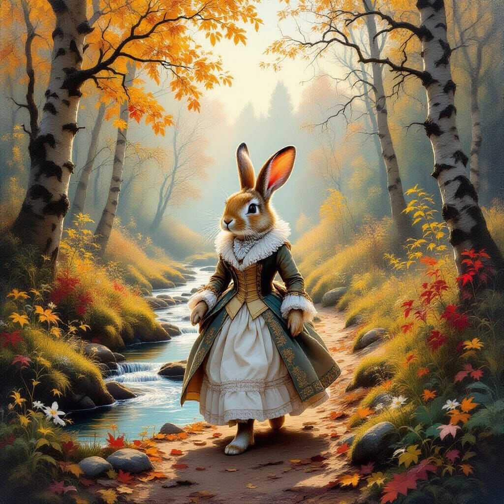 Adorable Rabbit in 18th Century Couture in Autumn Forest