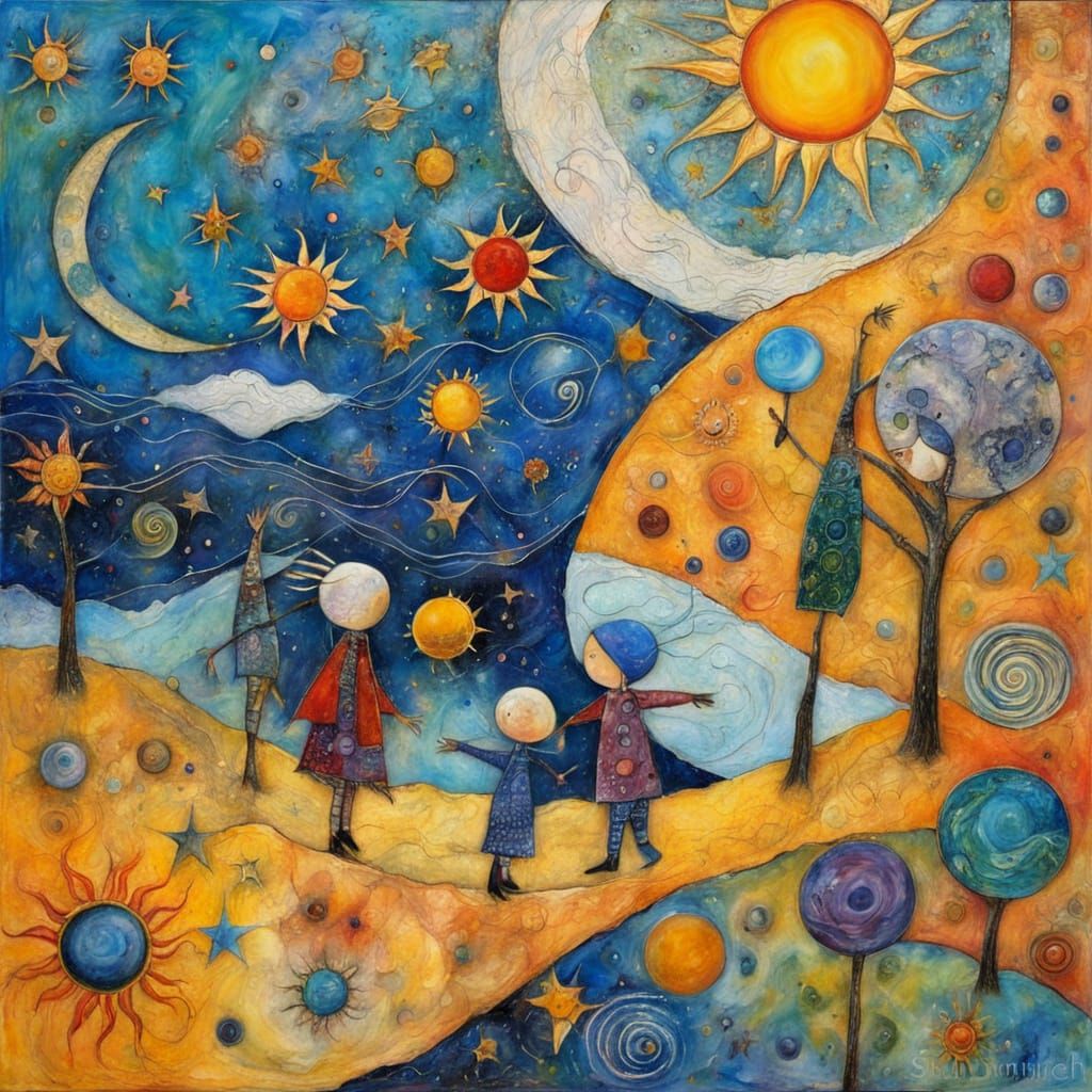 Sun and Moon Dance in Solar System, Naive Encaustic Painting