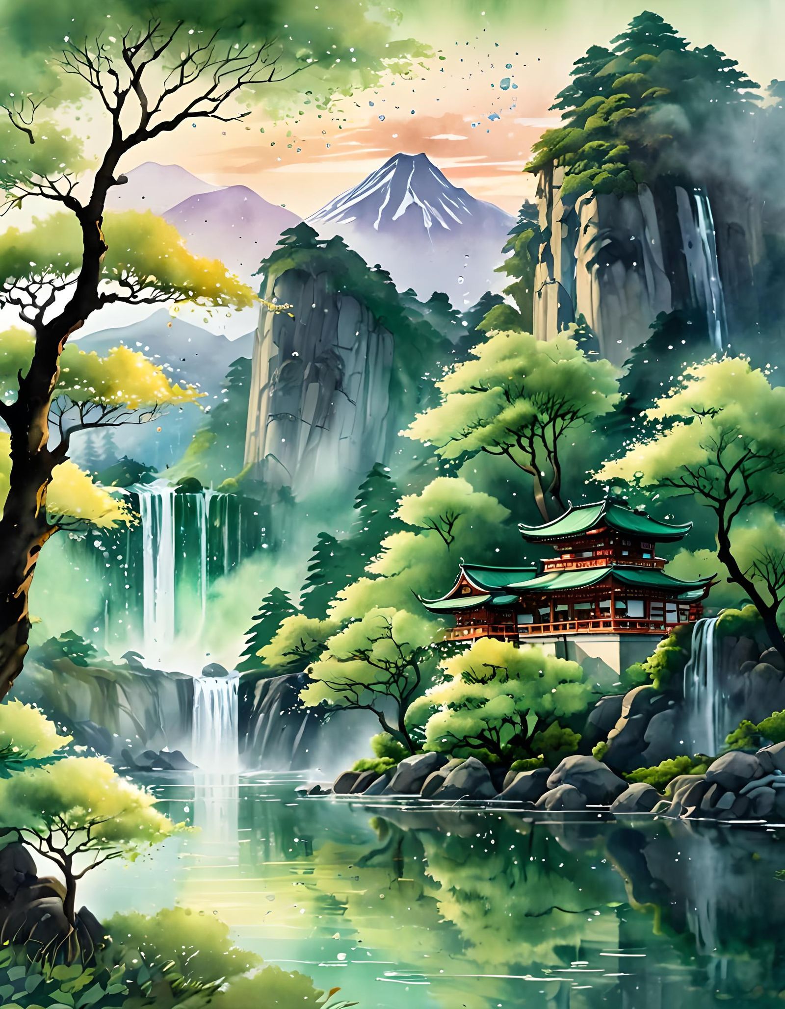 Iridescent Dew Drops on Green Watercolor Landscape