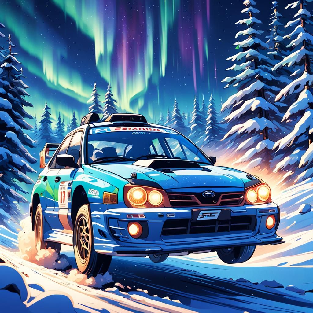 Impreza Rally Racing Under Northern Lights, Anime Style
