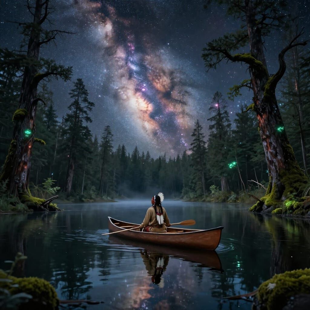 Native American in Canoe Reflects Cosmic Lake