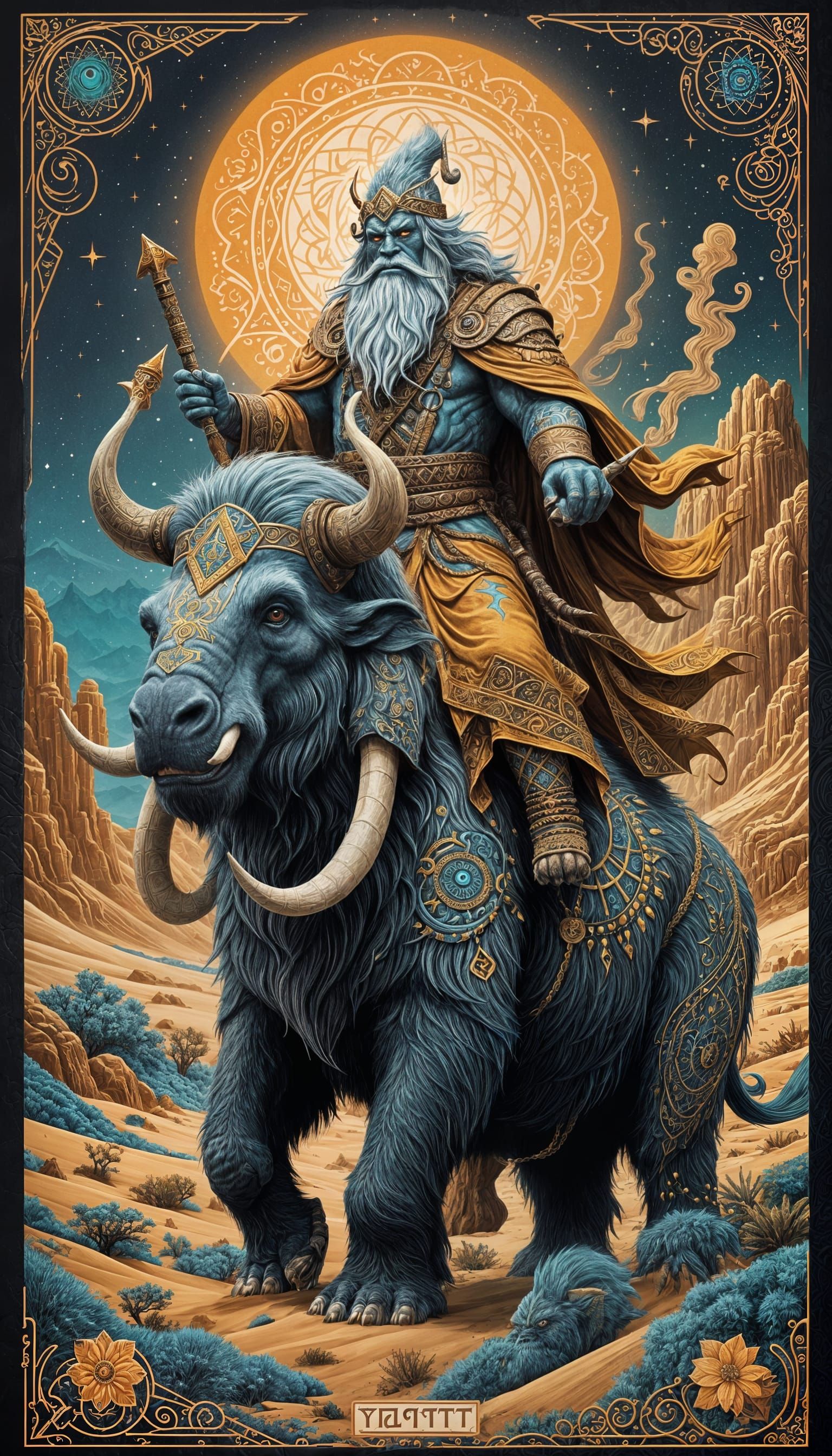 Mystical Wizard-Yeti Rides Desert-Mastodon in Tattoo-Style I...