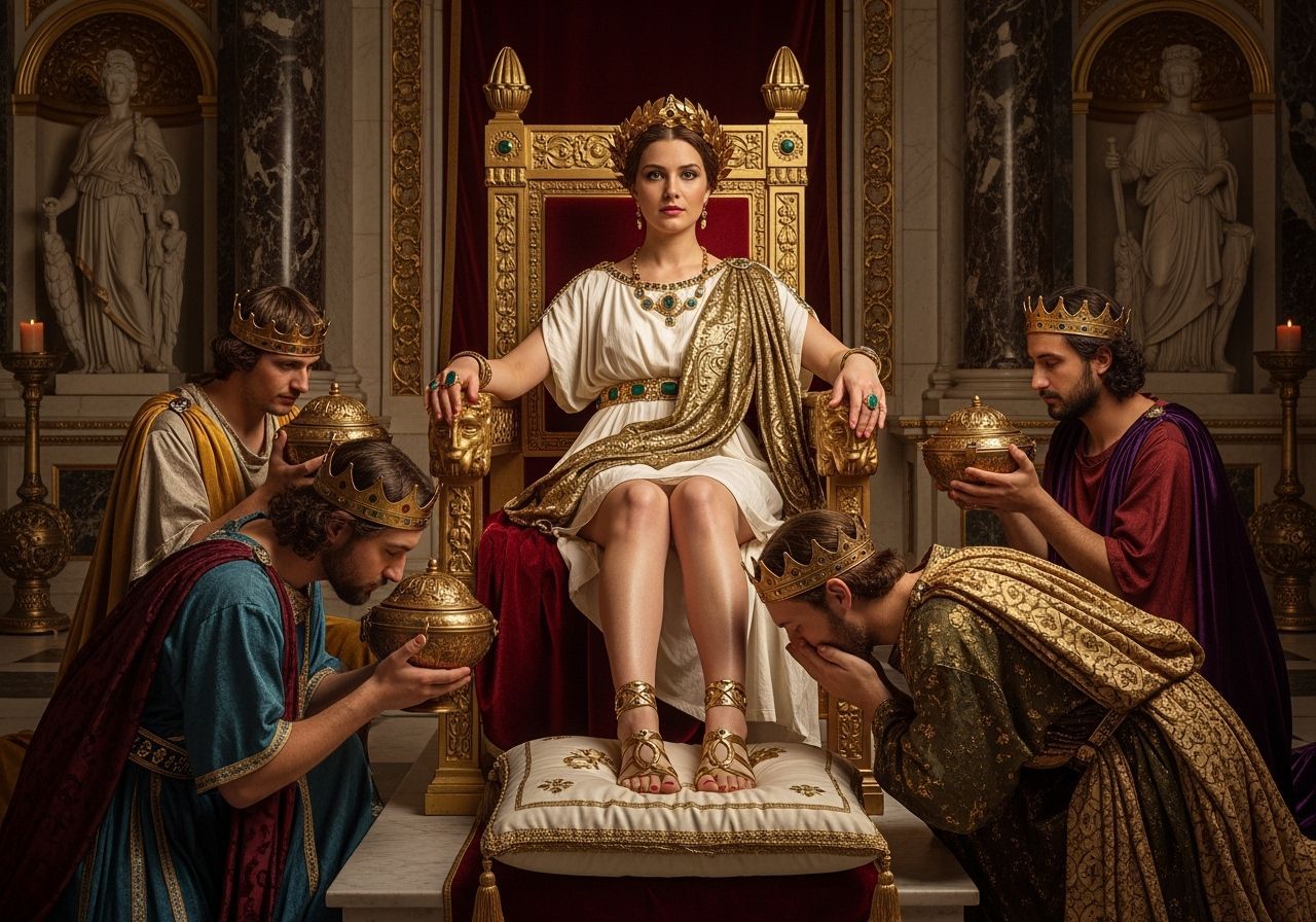 Regal Roman Empress on Gold Throne, Baroque Style