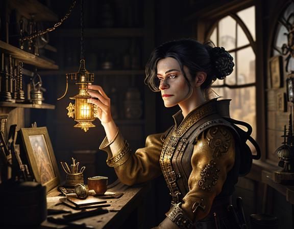 Gnome with Automata at Workbench: Cinematic Digital Art