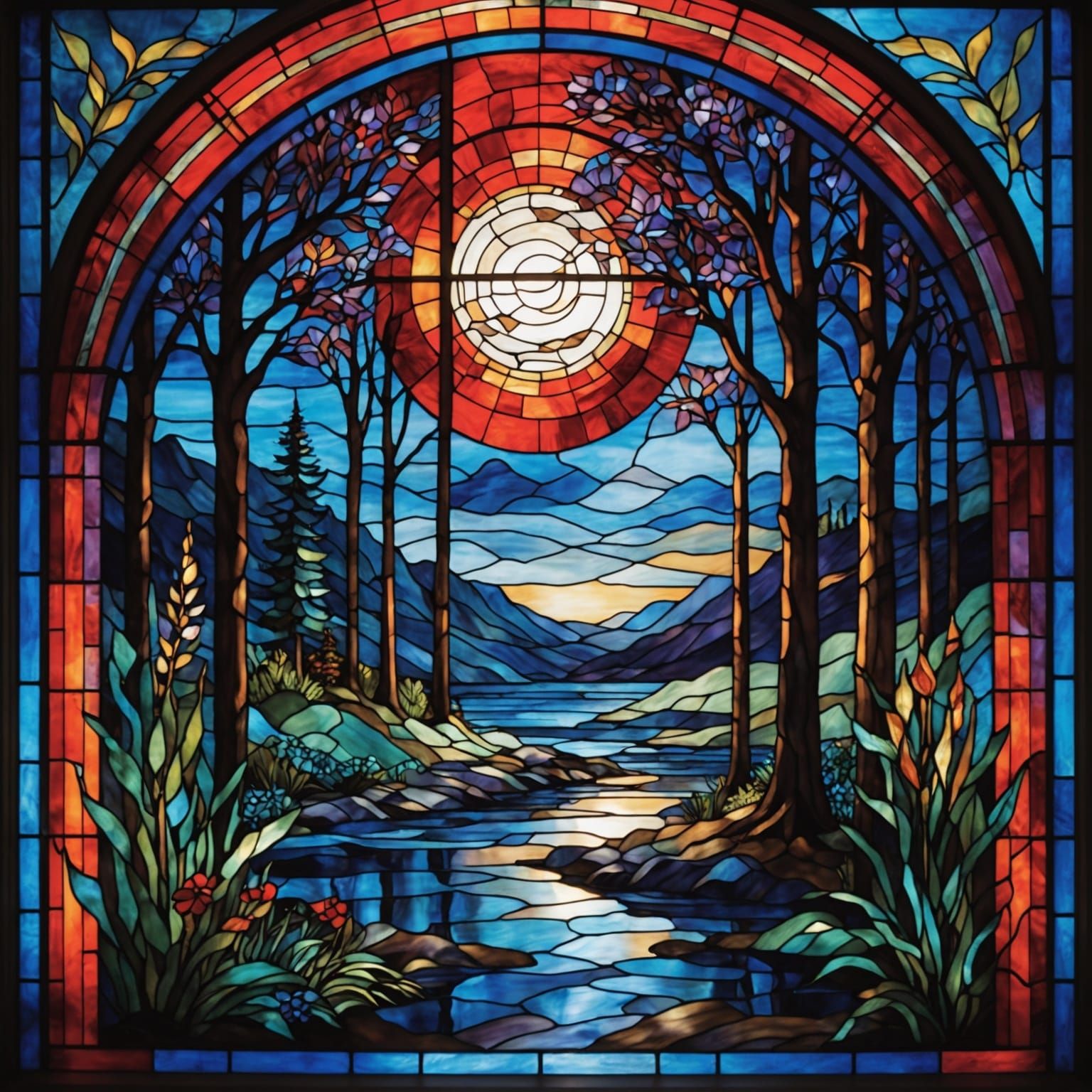 A stained glass window with rich, layered colors of blues, p...