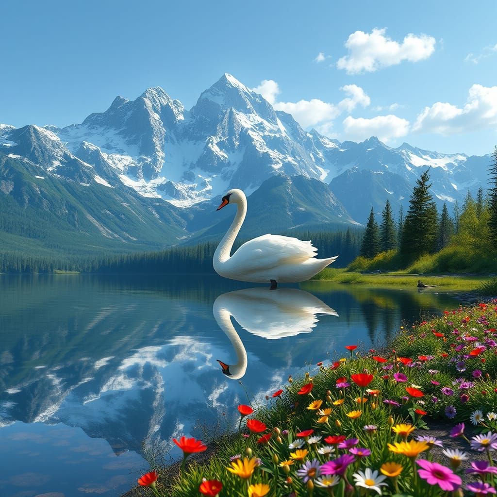 Majestic Swan on Serene Lake with Rugged Mountain Reflection...