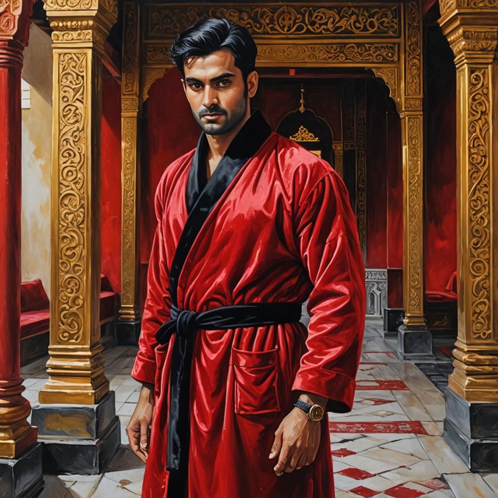 Indian Prince in Red Velvet Bathrobe Portrait