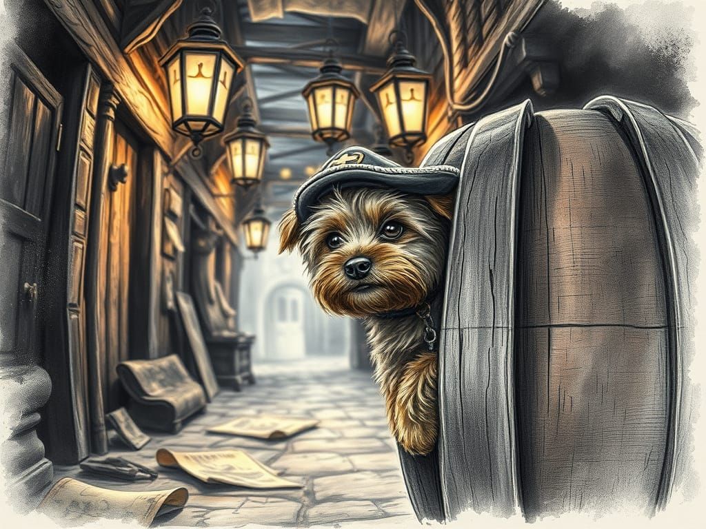 Yorkshire Terrier Adventurer in Dim Tavern Alleyway Sketch