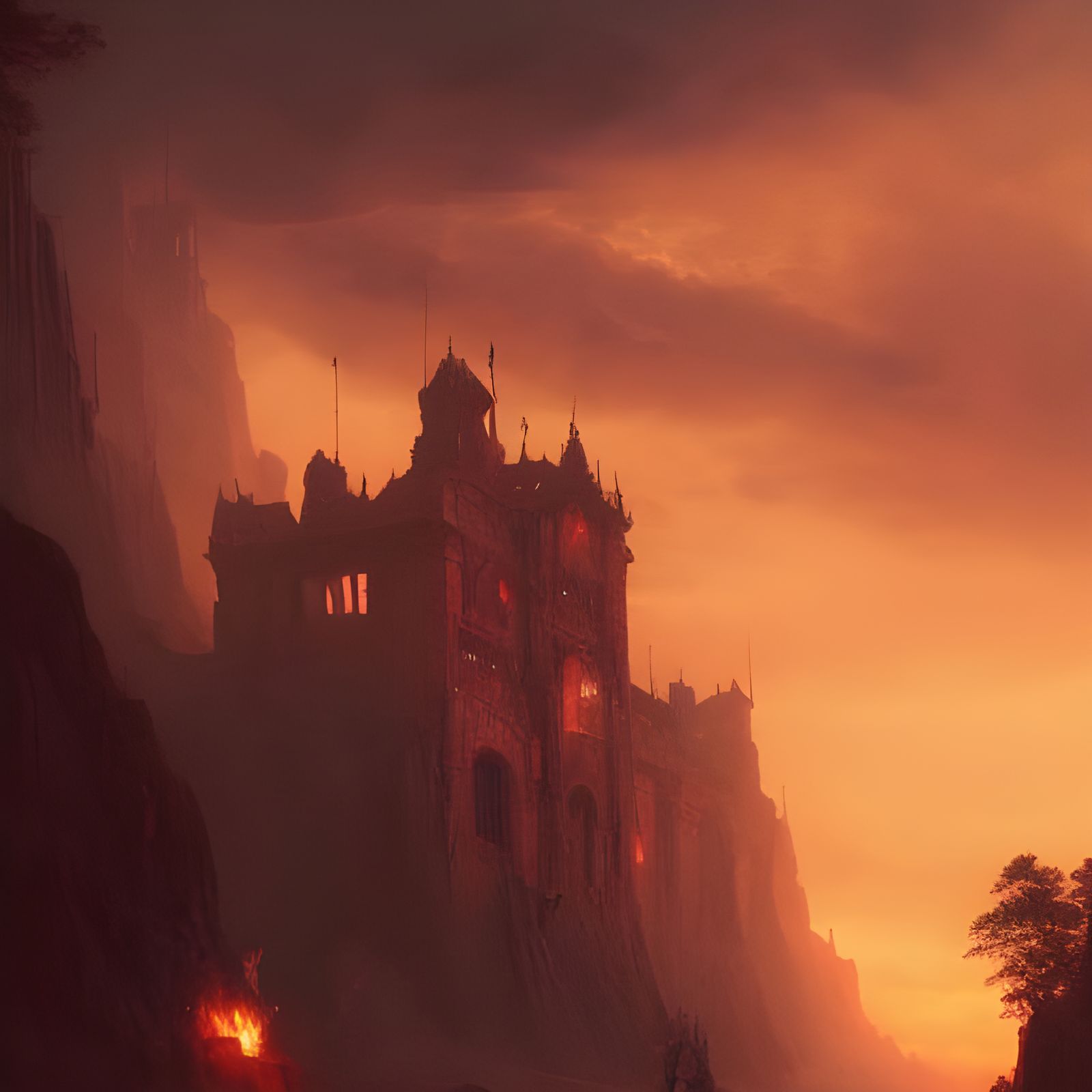Hellfire Castle Valley Sunset: Steampunk Horror Art