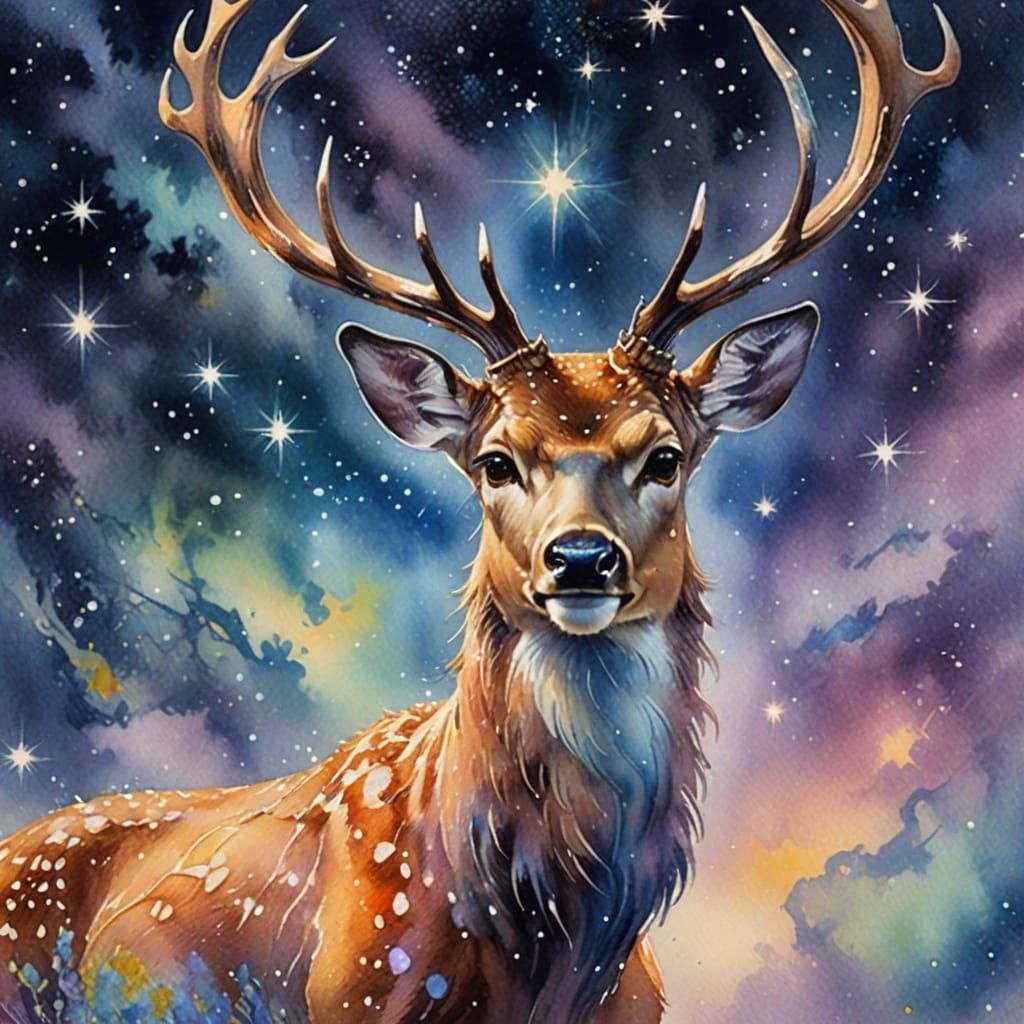 Stardust Deer in Watercolor with Iridescent Colors