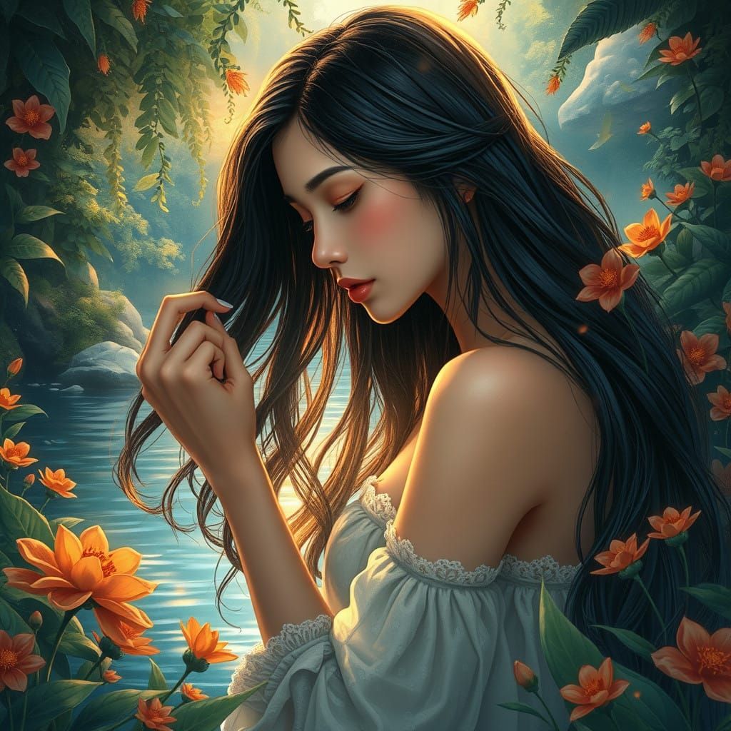 Ethereal Long-haired Girl Combing Hair in Dreamy Riverscape